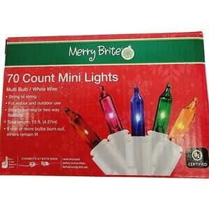 Merry Brite 70 Mini Lights – Color Bulbs – White Wire – 15 Ft